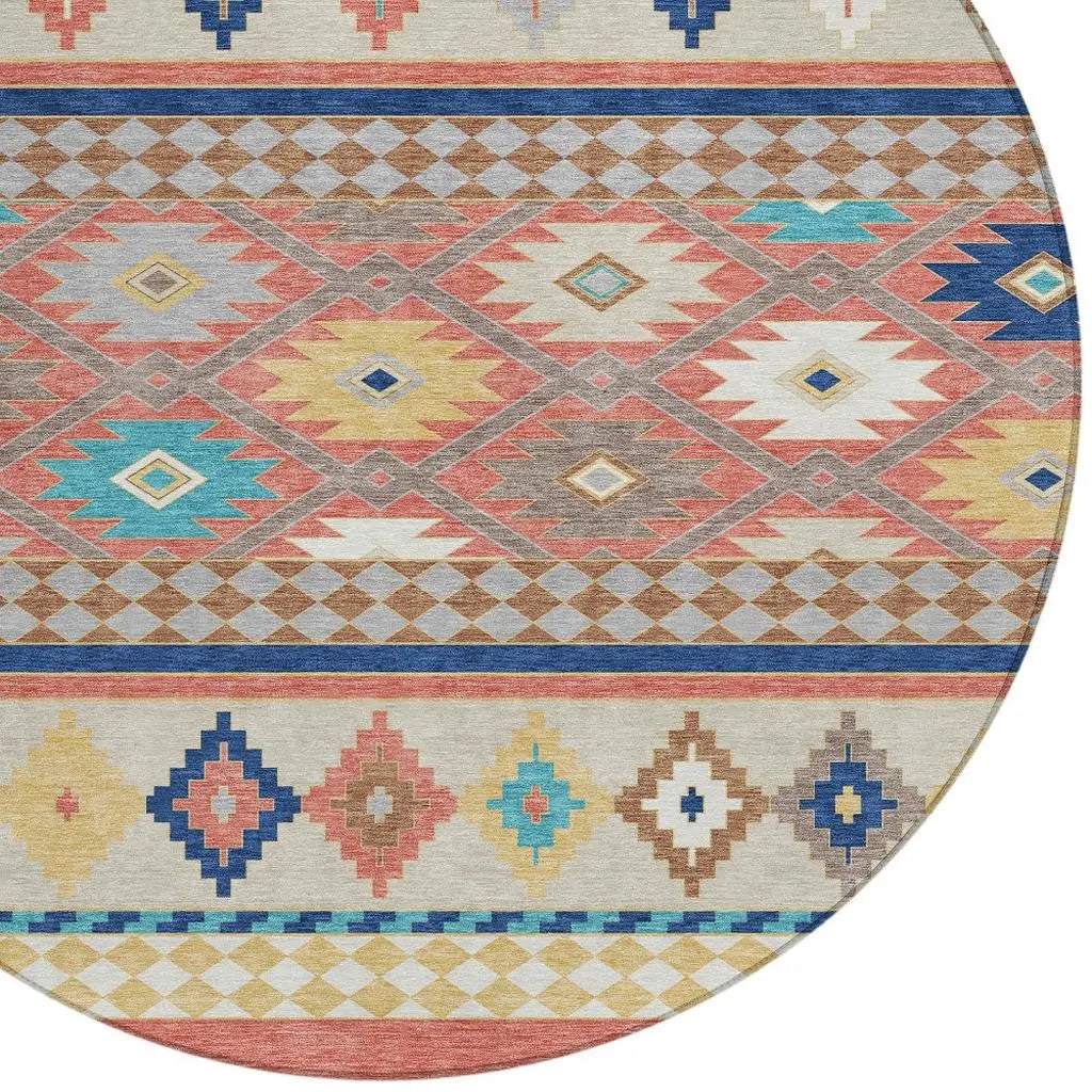 8' Coral And Beige Round Southwestern Washable Indoor Outdoor Area Rug Homeroots Outdoor