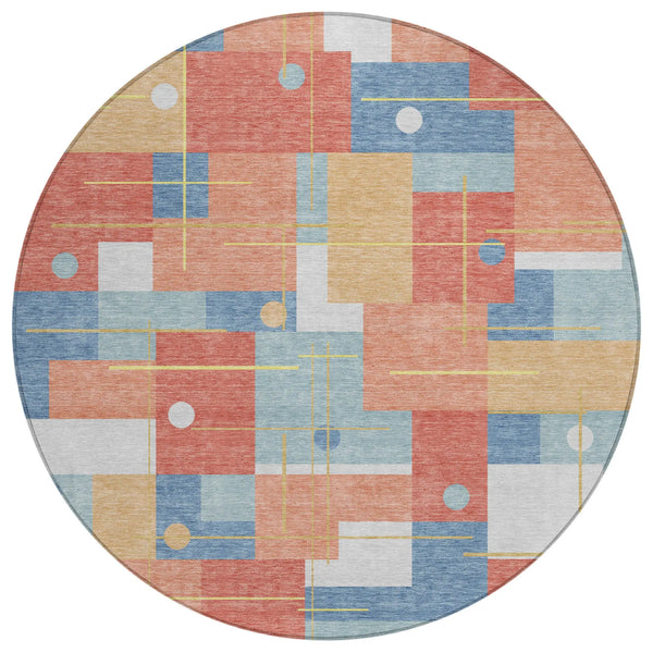 8' Coral And Brown Round Geometric Washable Indoor Outdoor Area Rug Homeroots Outdoor