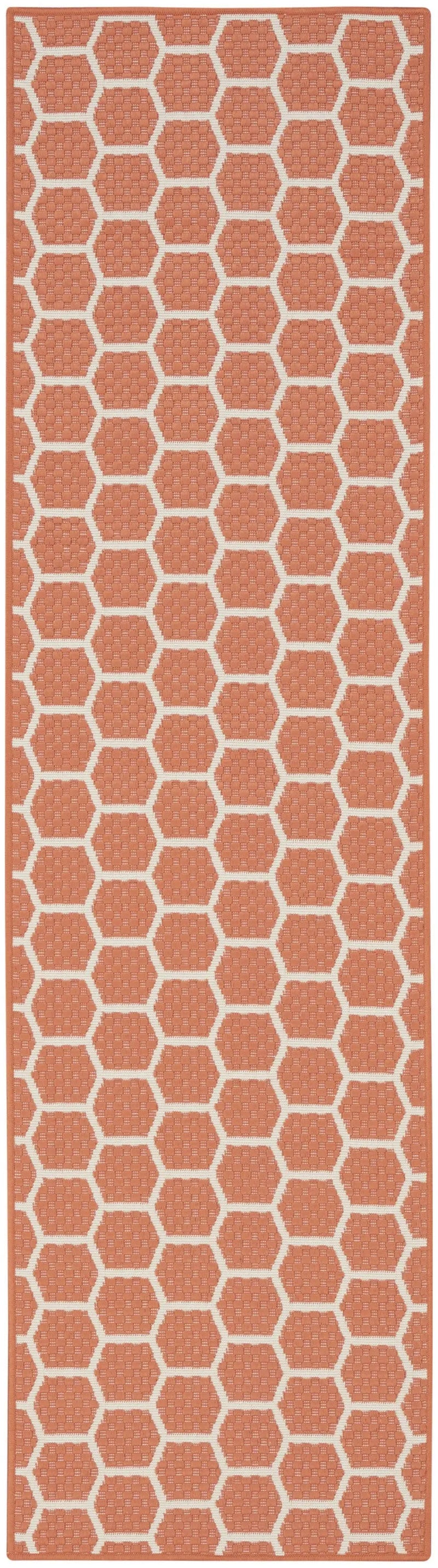 8' Coral And Ivory Geometric Indoor Outdoor Runner Rug Homeroots Outdoor