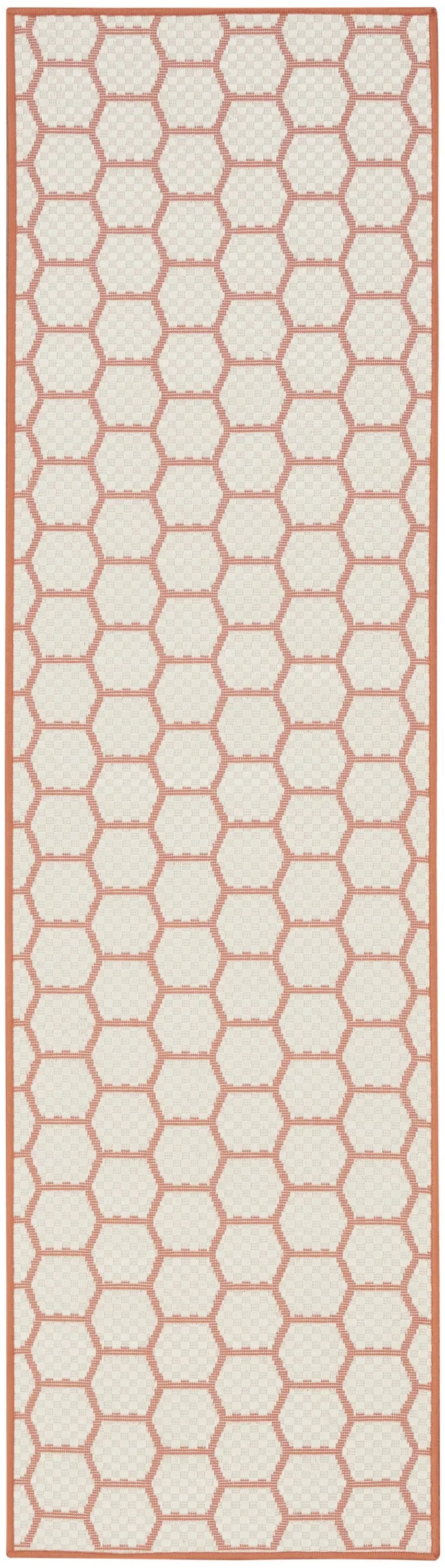 8' Coral And Ivory Geometric Indoor Outdoor Runner Rug Homeroots Outdoor