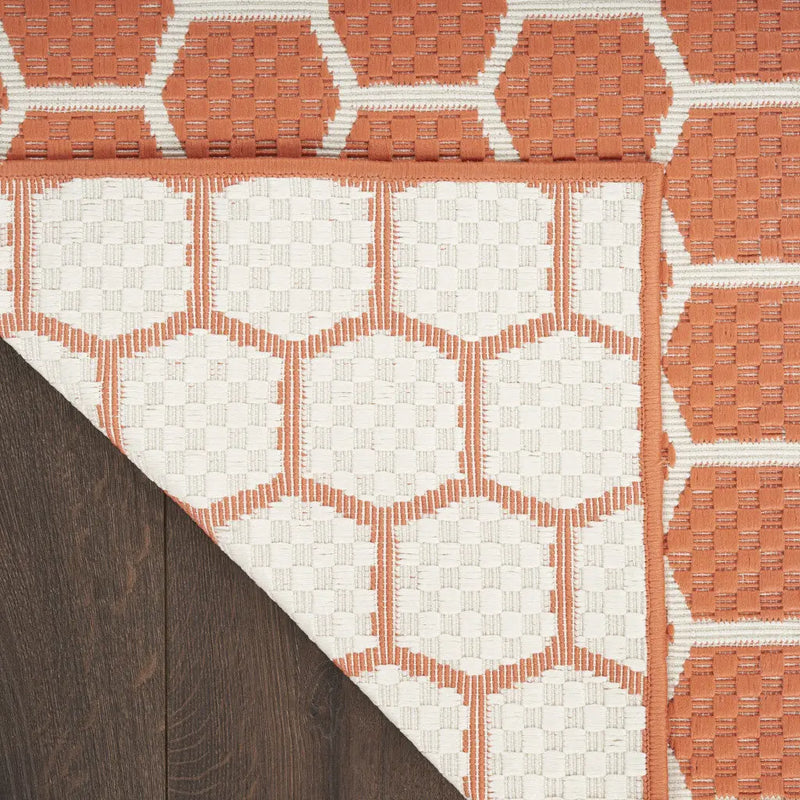 8' Coral And Ivory Geometric Indoor Outdoor Runner Rug Homeroots Outdoor
