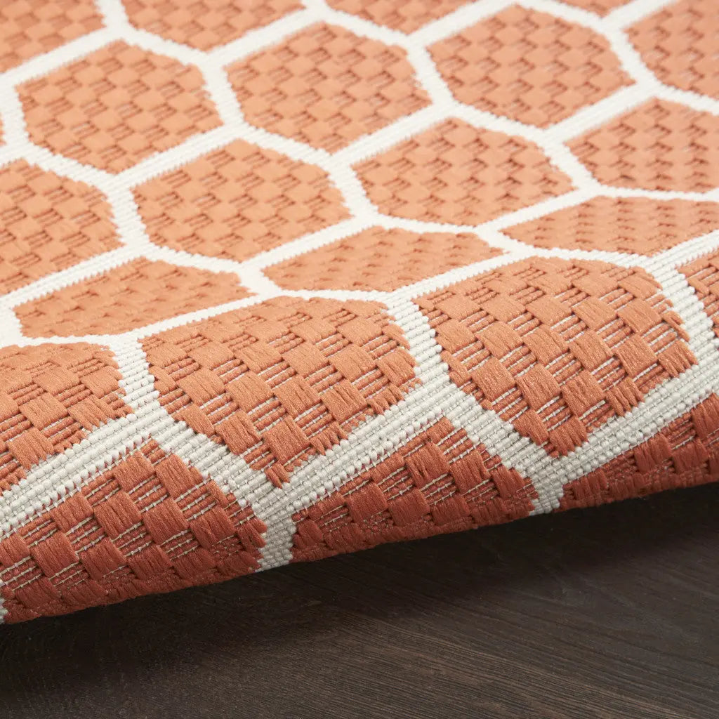 8' Coral And Ivory Geometric Indoor Outdoor Runner Rug Homeroots Outdoor