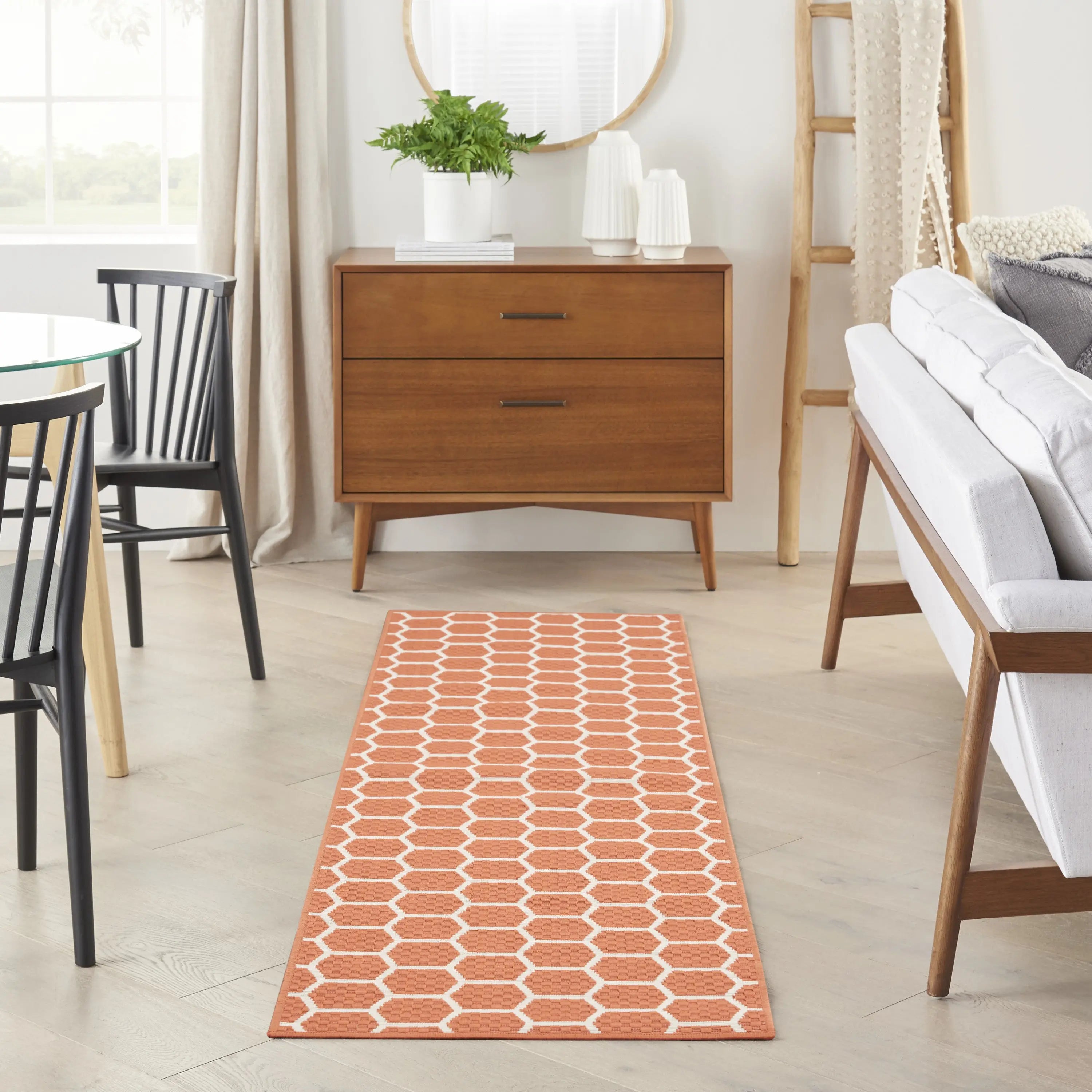 8' Coral And Ivory Geometric Indoor Outdoor Runner Rug Homeroots Outdoor
