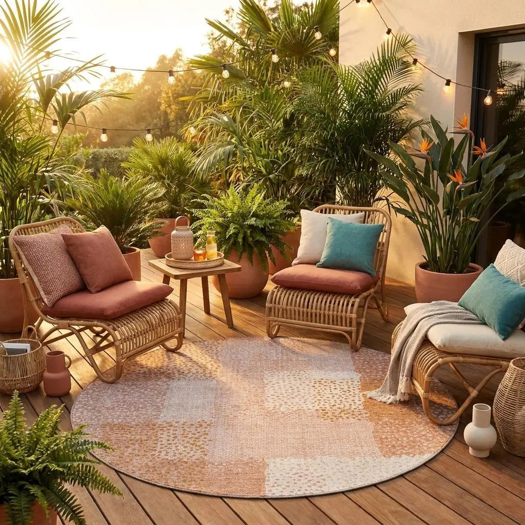 8' Coral And Orange Round Abstract Washable Indoor Outdoor Area Rug Homeroots Outdoor