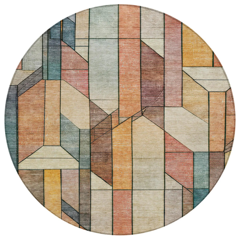 8' Coral And Orange Round Geometric Washable Indoor Outdoor Area Rug Homeroots Outdoor