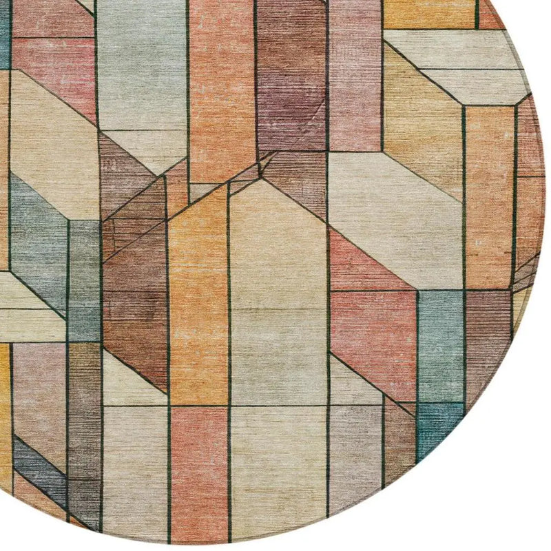 8' Coral And Orange Round Geometric Washable Indoor Outdoor Area Rug Homeroots Outdoor