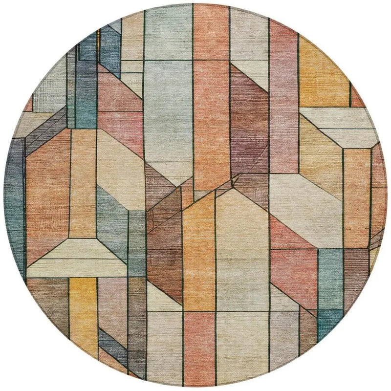 8' Coral And Orange Round Geometric Washable Indoor Outdoor Area Rug Homeroots Outdoor