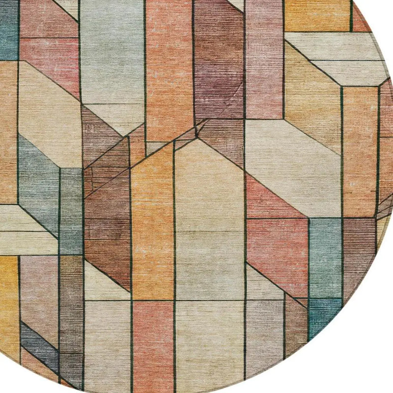 8' Coral And Orange Round Geometric Washable Indoor Outdoor Area Rug Homeroots Outdoor
