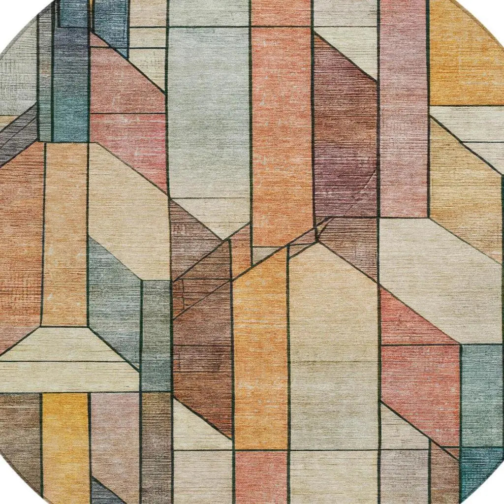 8' Coral And Orange Round Geometric Washable Indoor Outdoor Area Rug Homeroots Outdoor