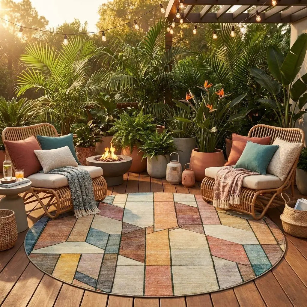 8' Coral And Orange Round Geometric Washable Indoor Outdoor Area Rug Homeroots Outdoor