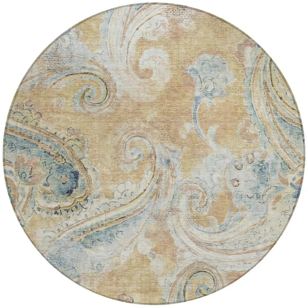 8' Coral And Orange Round Paisley Washable Indoor Outdoor Area Rug Homeroots Outdoor