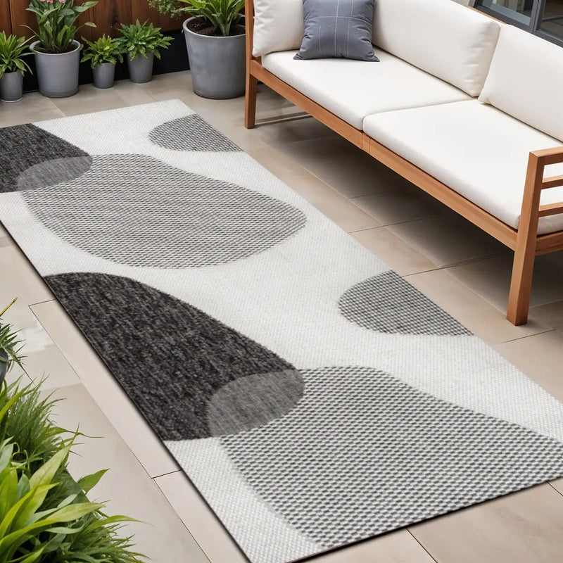 8' Cream And Black Geometric Indoor Outdoor Runner Rug Homeroots Outdoor