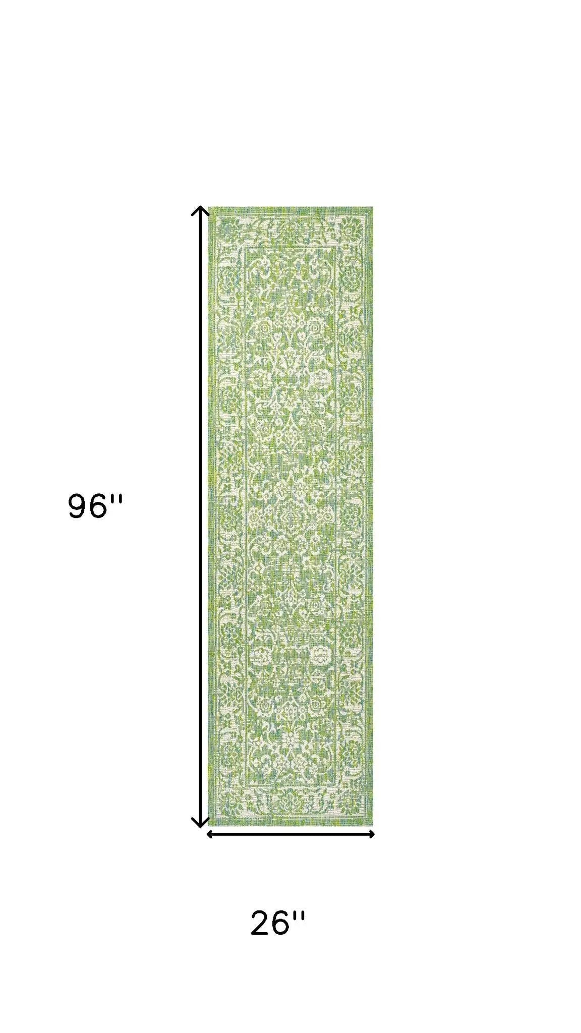 8' Cream And Green Medallion Indoor Outdoor Runner Rug Homeroots Outdoor