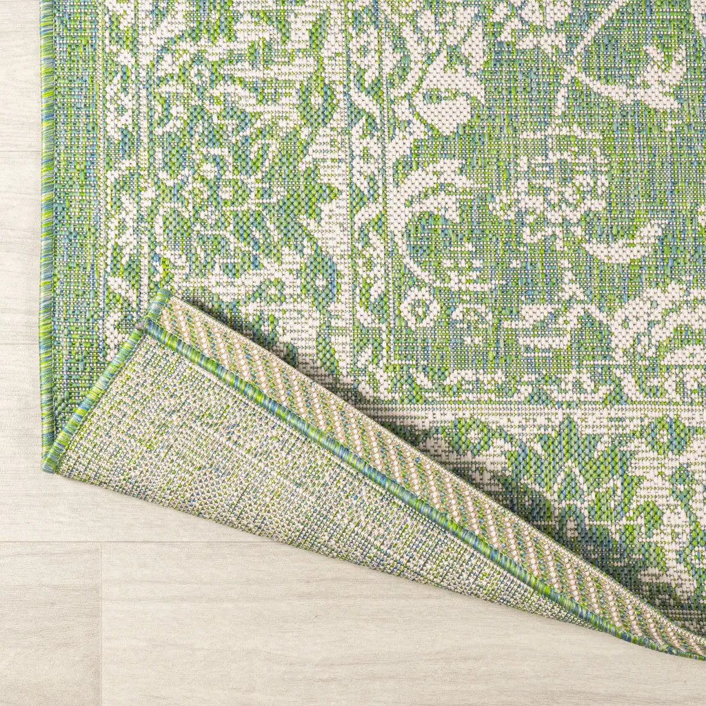 8' Cream And Green Medallion Indoor Outdoor Runner Rug Homeroots Outdoor