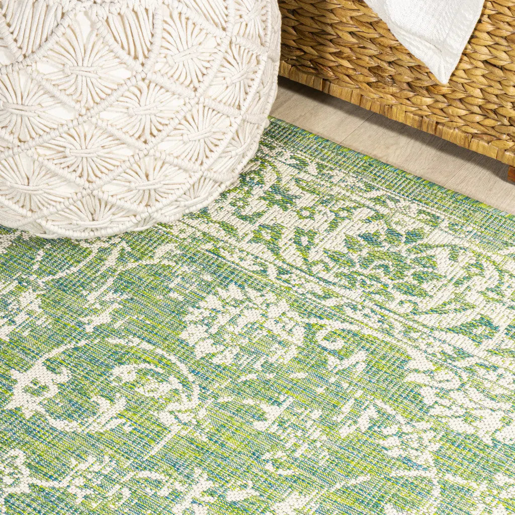 8' Cream And Green Medallion Indoor Outdoor Runner Rug Homeroots Outdoor