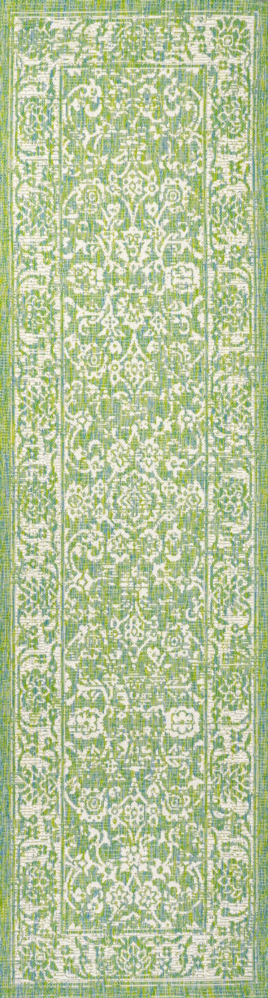8' Cream And Green Medallion Indoor Outdoor Runner Rug Homeroots Outdoor