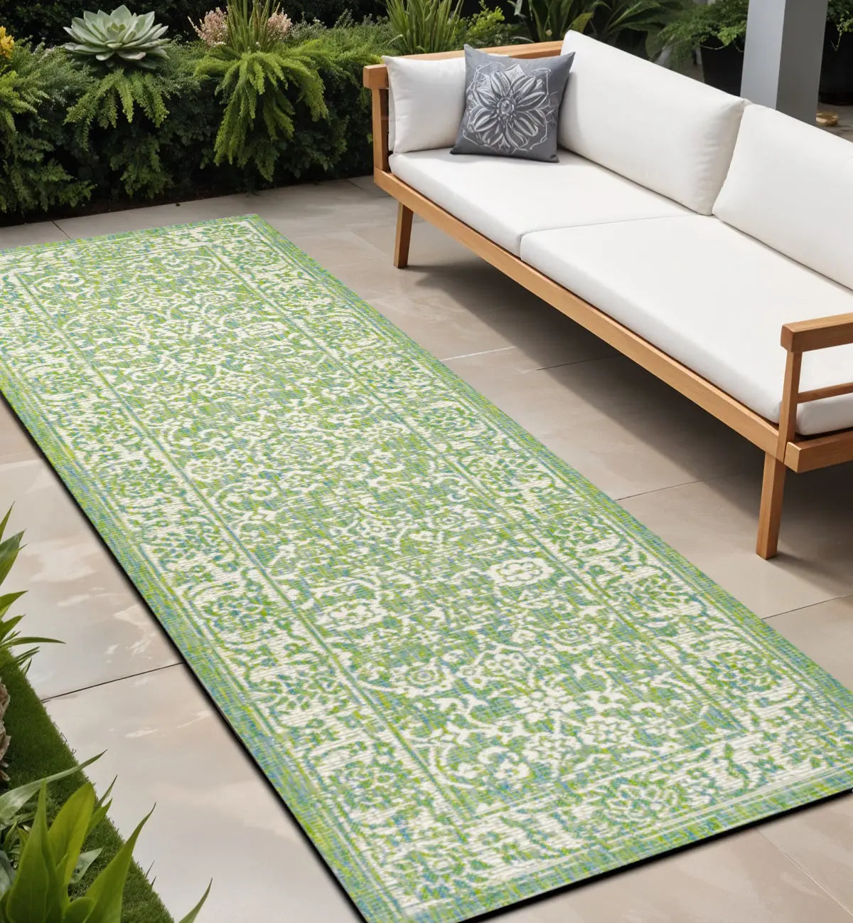 8' Cream And Green Medallion Indoor Outdoor Runner Rug Homeroots Outdoor