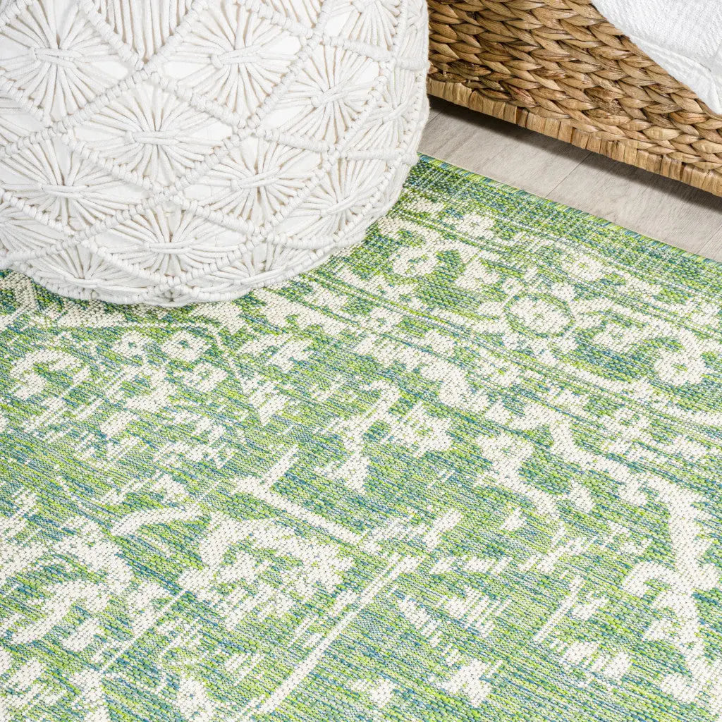 8' Cream And Green Medallion Indoor Outdoor Runner Rug Homeroots Outdoor