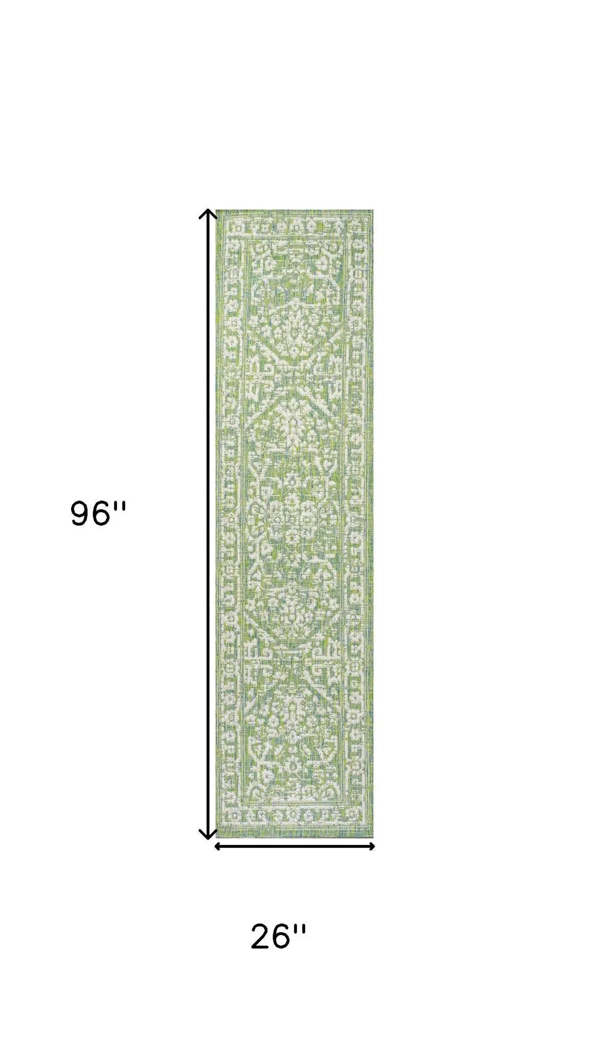8' Cream And Green Medallion Indoor Outdoor Runner Rug Homeroots Outdoor