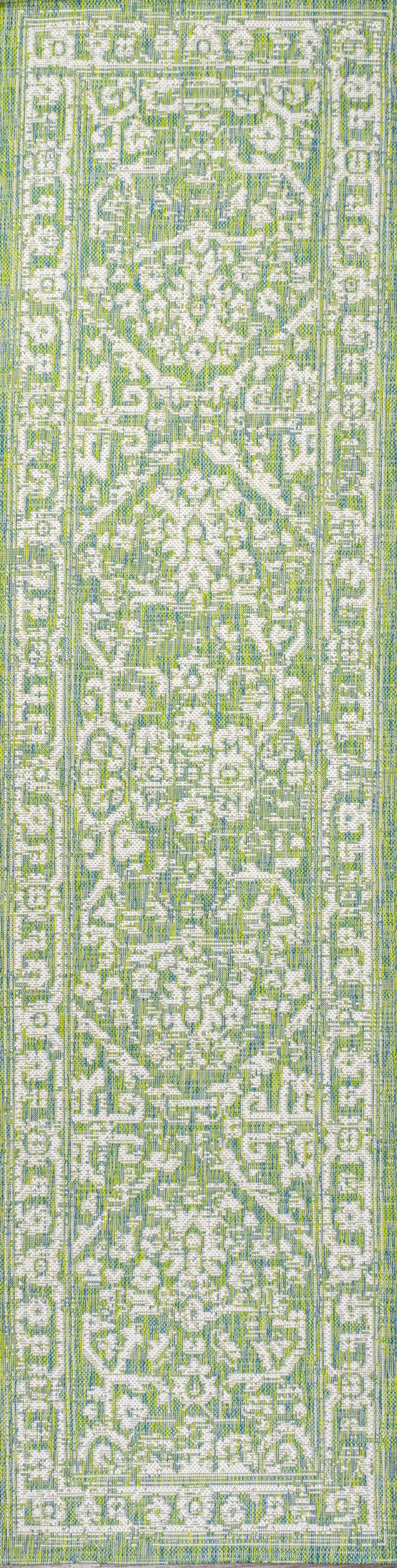 8' Cream And Green Medallion Indoor Outdoor Runner Rug Homeroots Outdoor