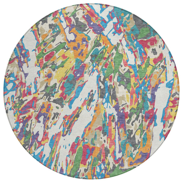 8' Cream And Green Round Abstract Washable Indoor Outdoor Area Rug Homeroots Outdoor