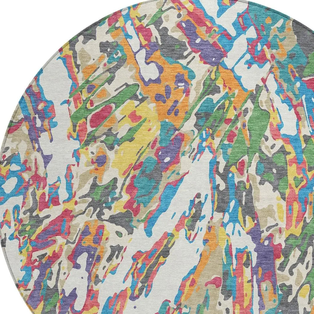 8' Cream And Green Round Abstract Washable Indoor Outdoor Area Rug Homeroots Outdoor
