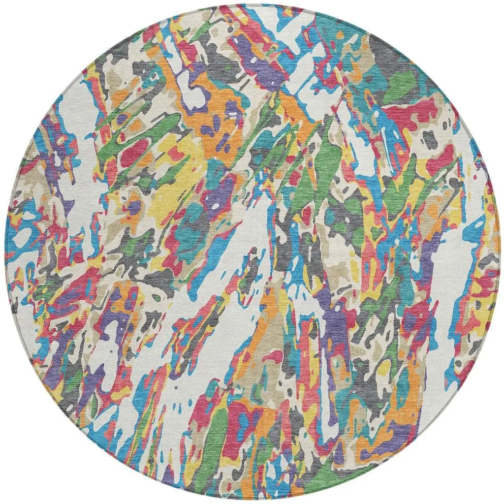 8' Cream And Green Round Abstract Washable Indoor Outdoor Area Rug Homeroots Outdoor