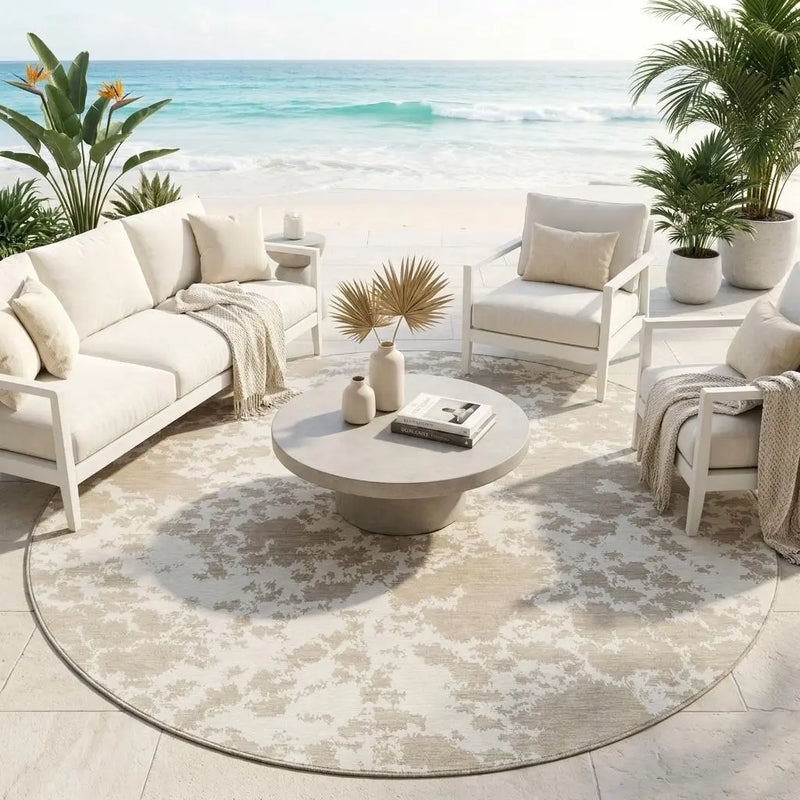 8' Cream And Ivory Round Abstract Washable Indoor Outdoor Area Rug Homeroots Outdoor