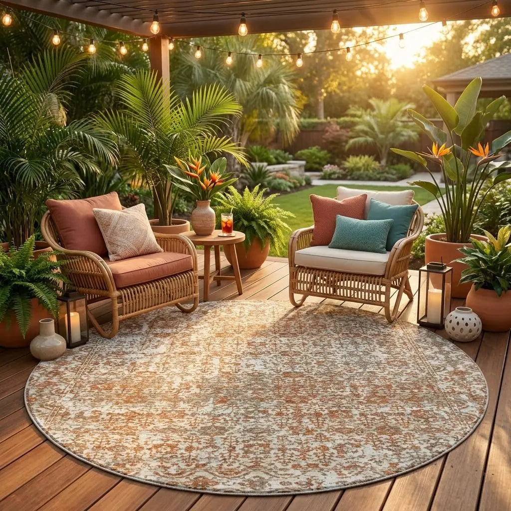 8' Cream And Ivory Round Abstract Washable Indoor Outdoor Area Rug Homeroots Outdoor
