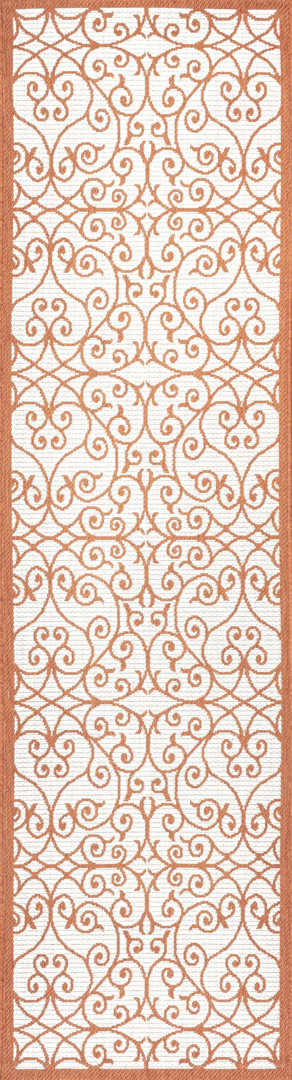 8' Cream And Orange Geometric Indoor Outdoor Runner Rug Homeroots Outdoor