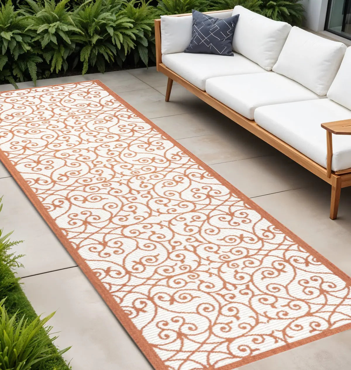 8' Cream And Orange Geometric Indoor Outdoor Runner Rug Homeroots Outdoor