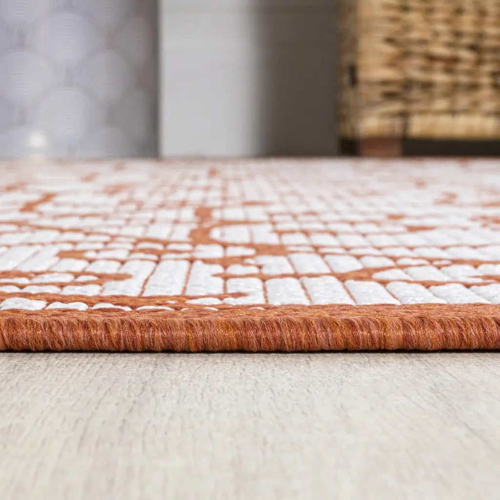 8' Cream And Orange Geometric Indoor Outdoor Runner Rug Homeroots Outdoor