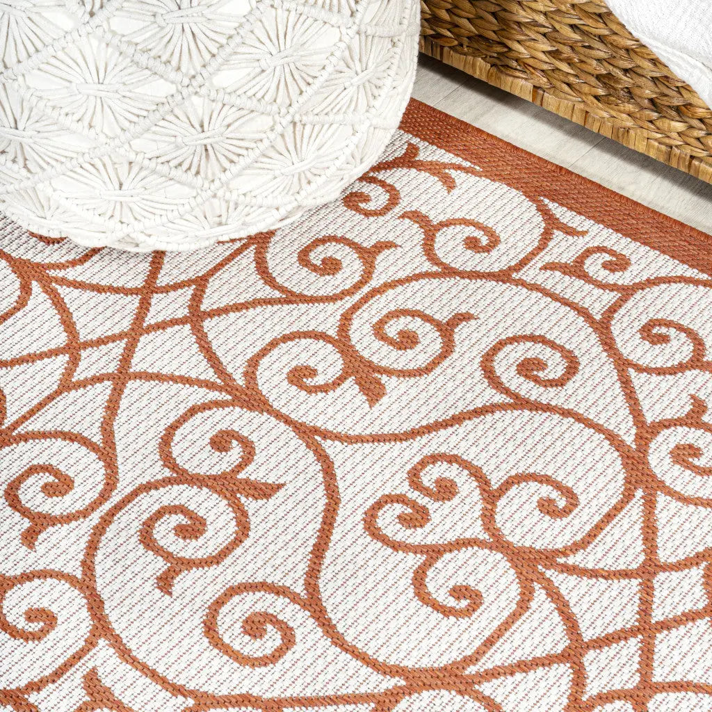8' Cream And Orange Geometric Indoor Outdoor Runner Rug Homeroots Outdoor
