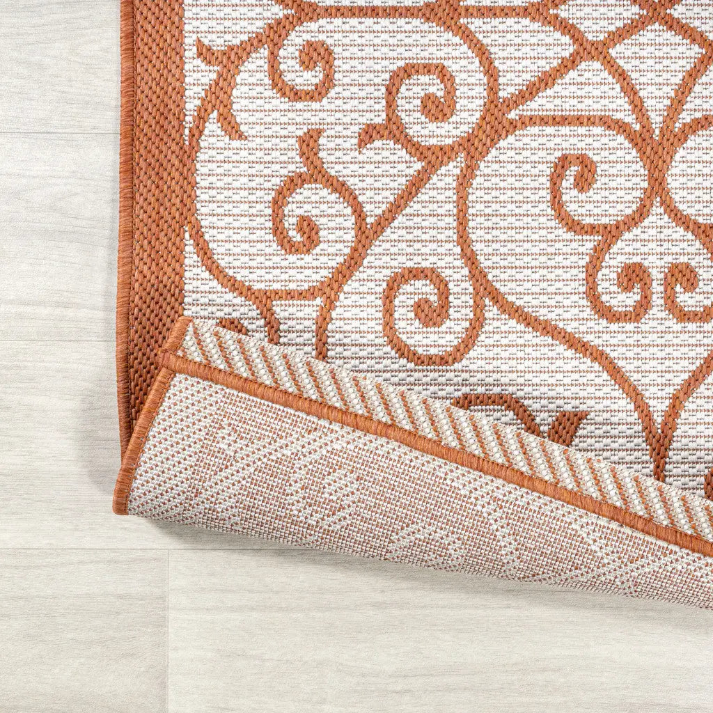 8' Cream And Orange Geometric Indoor Outdoor Runner Rug Homeroots Outdoor