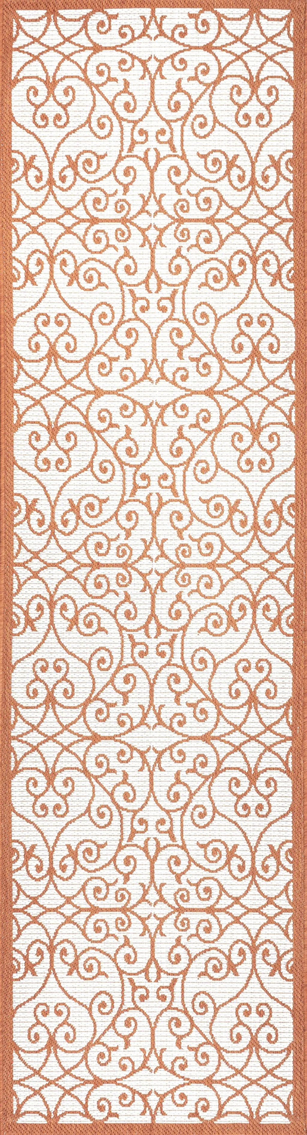 8' Cream And Orange Geometric Indoor Outdoor Runner Rug Homeroots Outdoor