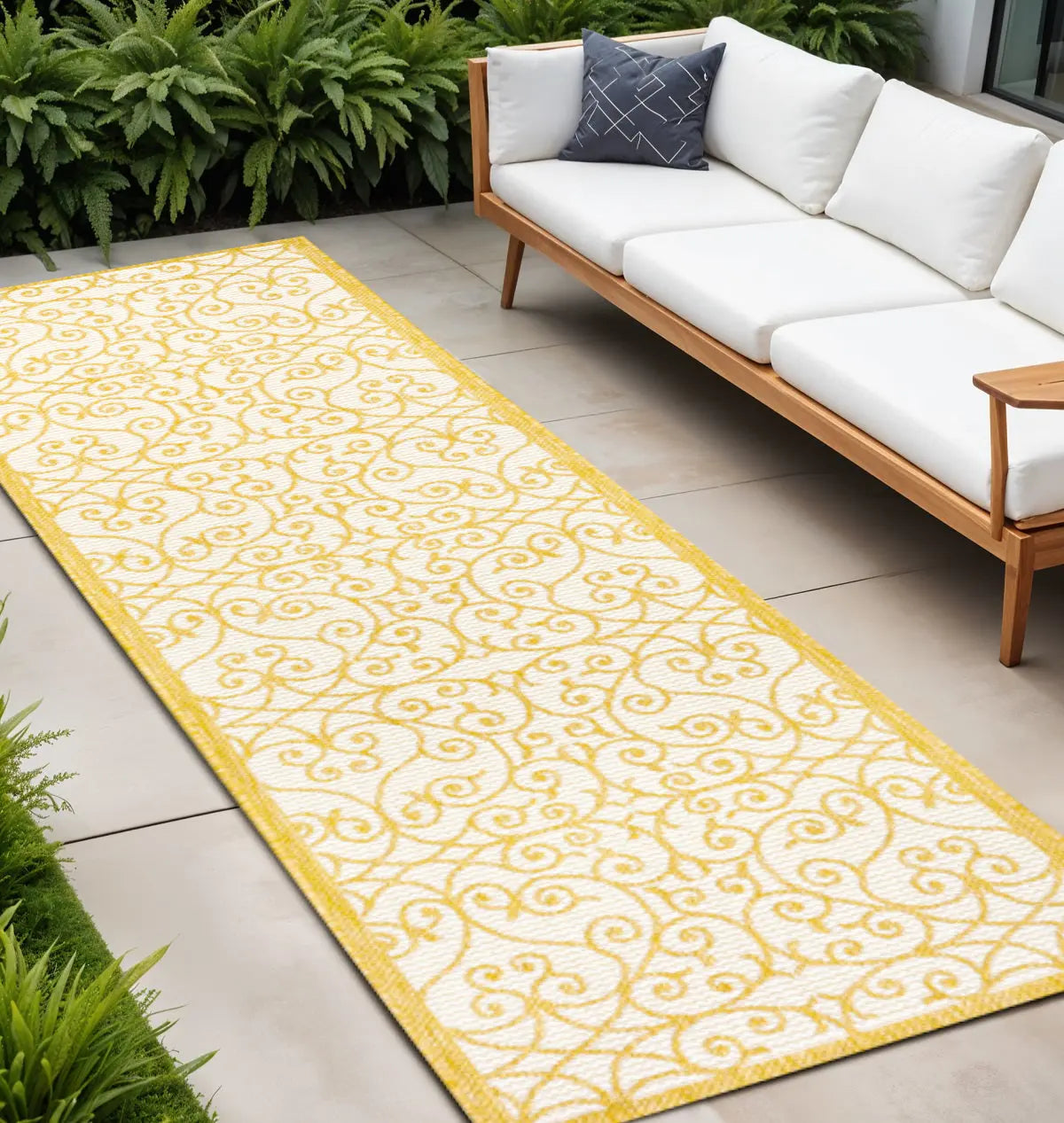 8' Cream And Yellow Geometric Indoor Outdoor Runner Rug Homeroots Outdoor