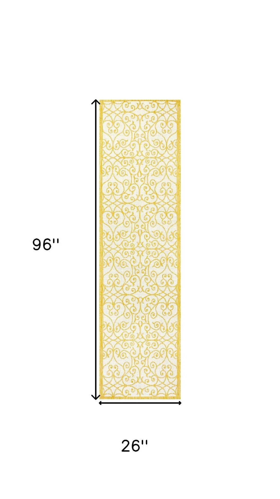 Elegant gold and white patterned runner rug, 96" x 26", perfect for adding a touch of luxury to any room.