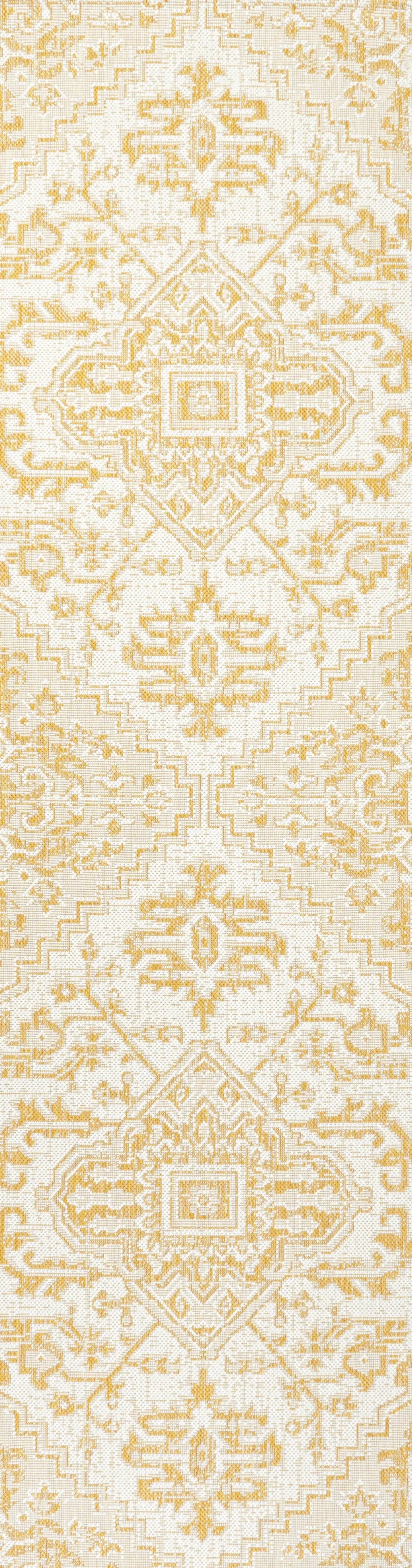 8' Cream And Yellow Medallion Indoor Outdoor Runner Rug Homeroots Outdoor