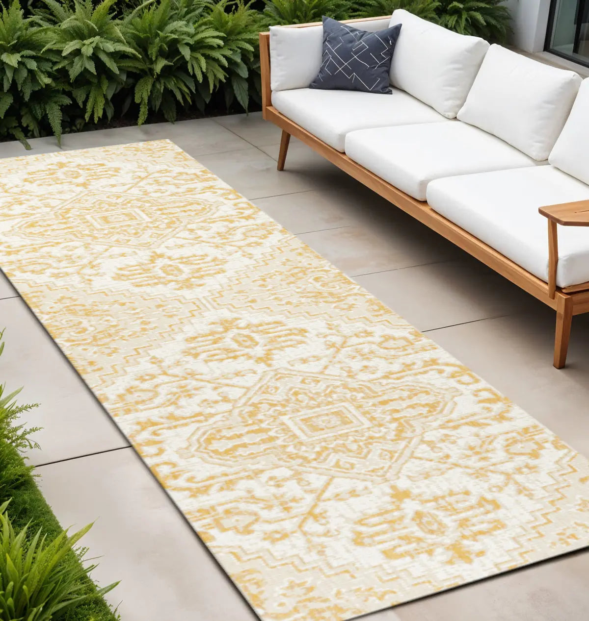 8' Cream And Yellow Medallion Indoor Outdoor Runner Rug Homeroots Outdoor
