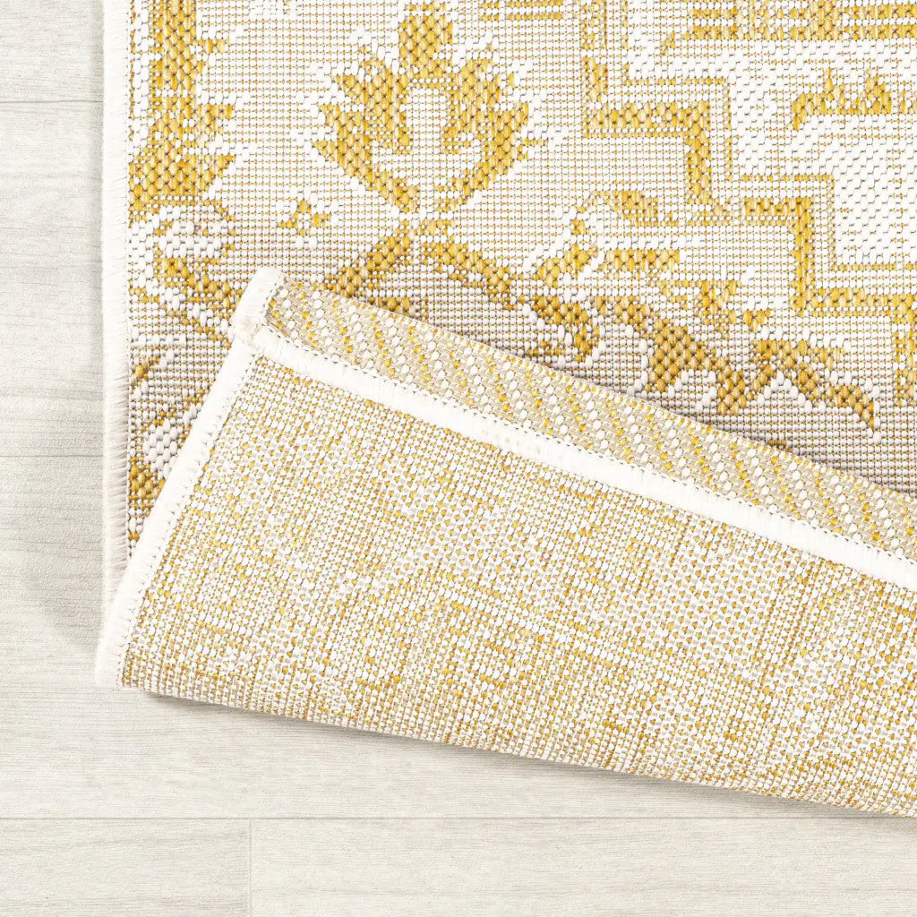 8' Cream And Yellow Medallion Indoor Outdoor Runner Rug Homeroots Outdoor