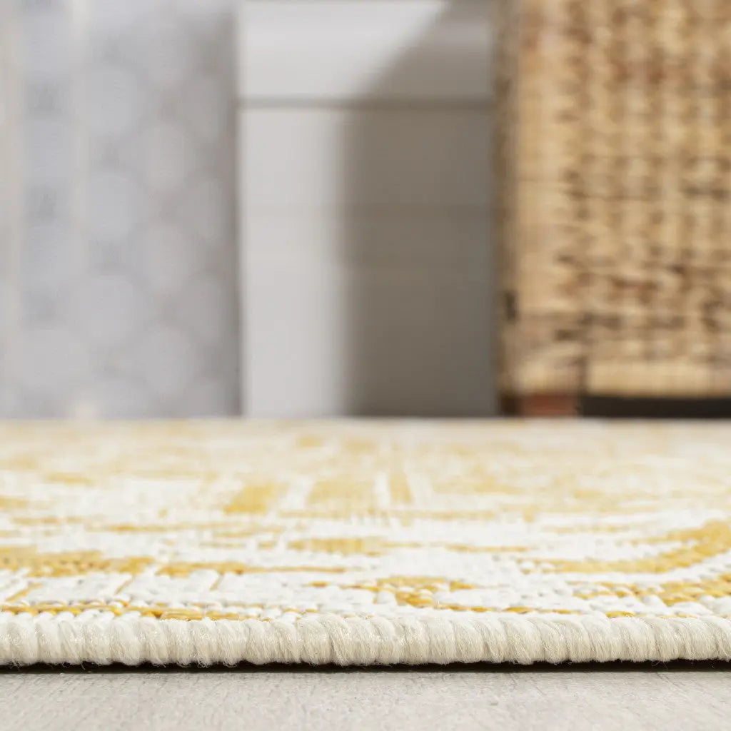 8' Cream And Yellow Medallion Indoor Outdoor Runner Rug Homeroots Outdoor