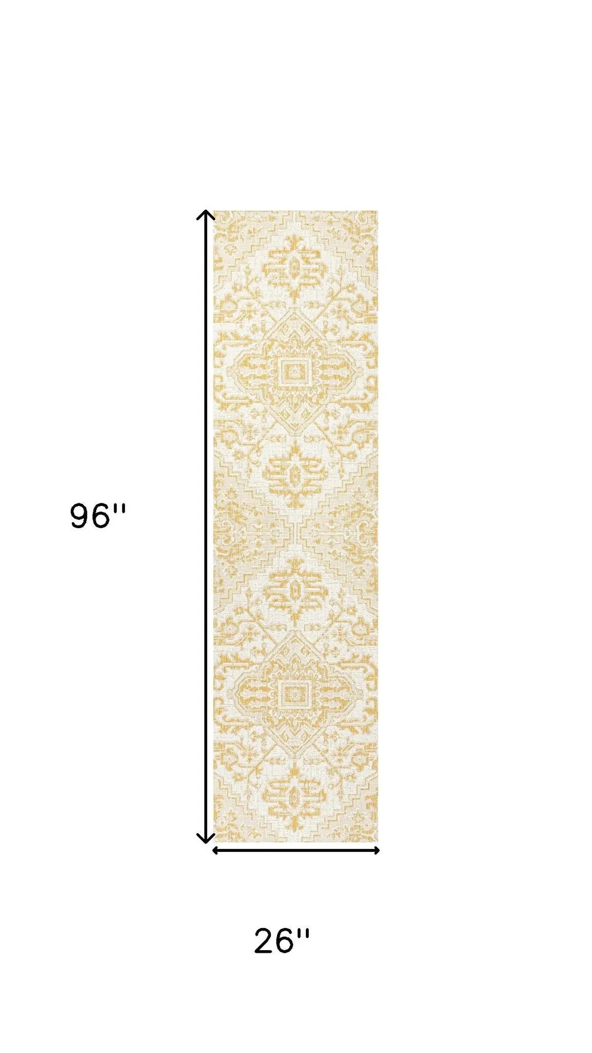 8' Cream And Yellow Medallion Indoor Outdoor Runner Rug Homeroots Outdoor