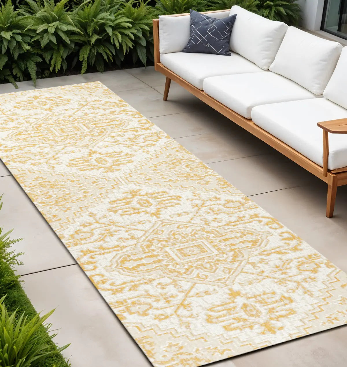 8' Cream And Yellow Trellis Indoor Outdoor Runner Rug Homeroots Outdoor