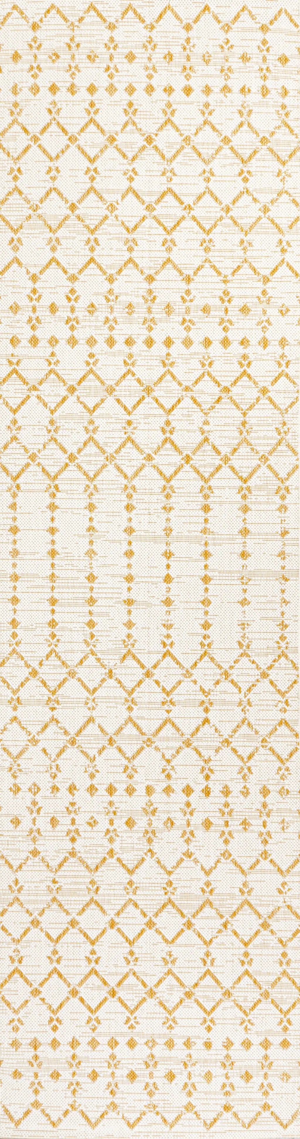 8' Cream And Yellow Trellis Indoor Outdoor Runner Rug Homeroots Outdoor