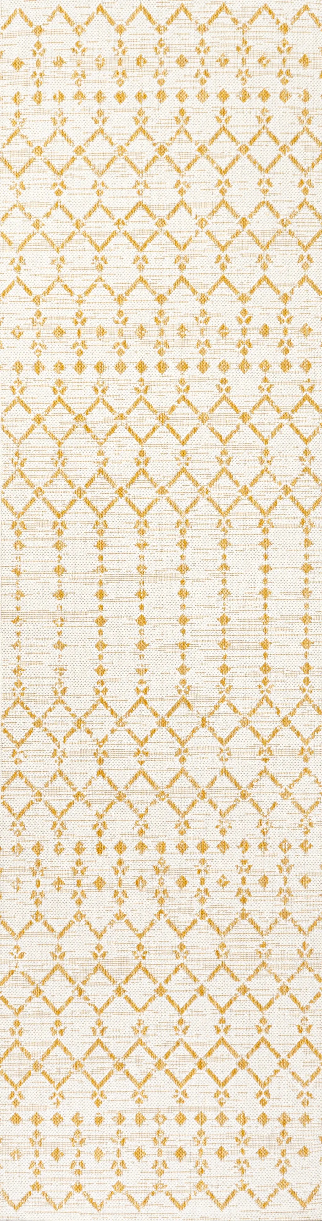 8' Cream And Yellow Trellis Indoor Outdoor Runner Rug Homeroots Outdoor