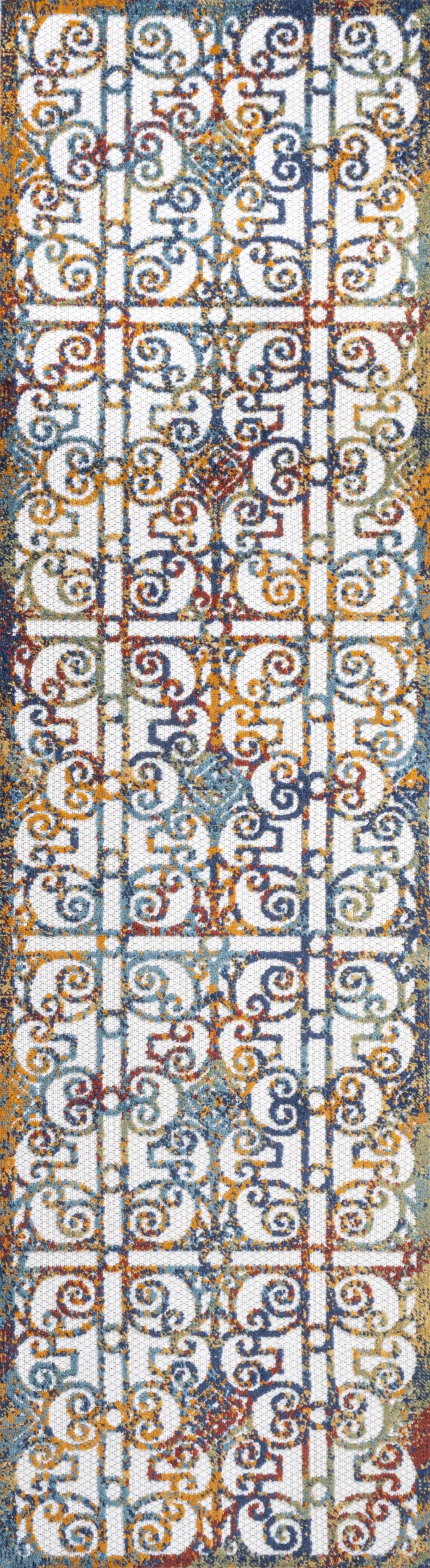 8' Cream Blue And Orange Trellis Indoor Outdoor Runner Rug Homeroots Outdoor