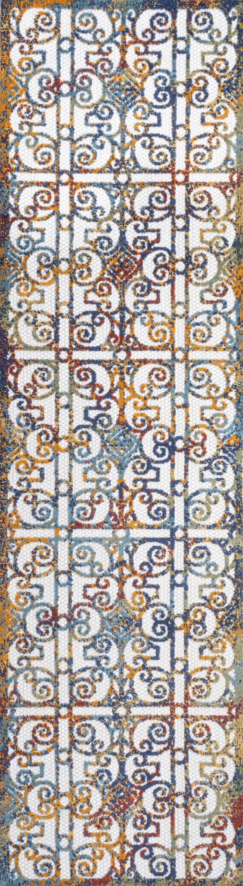 8' Cream Blue And Orange Trellis Indoor Outdoor Runner Rug Homeroots Outdoor