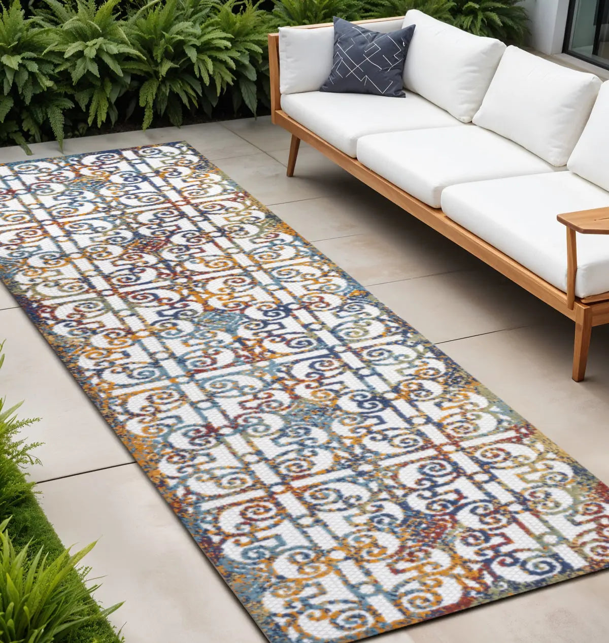 8' Cream Blue And Orange Trellis Indoor Outdoor Runner Rug Homeroots Outdoor