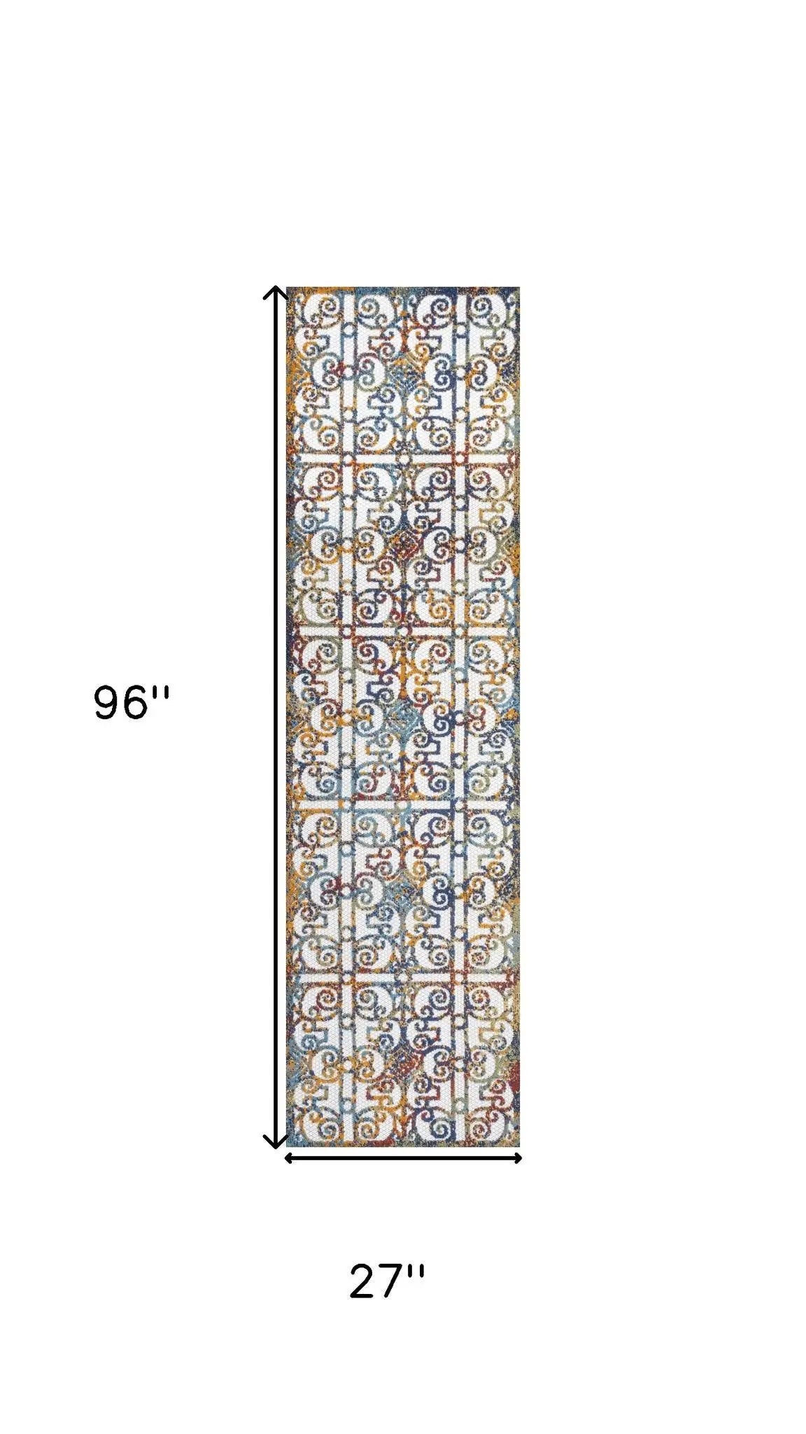8' Cream Blue And Orange Trellis Indoor Outdoor Runner Rug Homeroots Outdoor