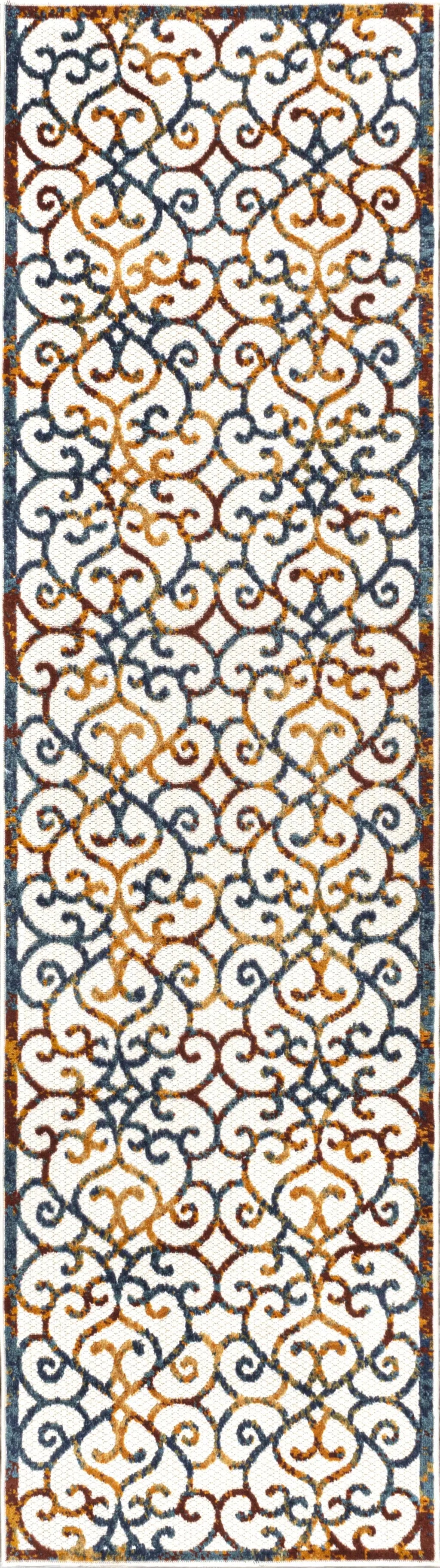 8' Cream Blue And Red Trellis Indoor Outdoor Runner Rug Homeroots Outdoor